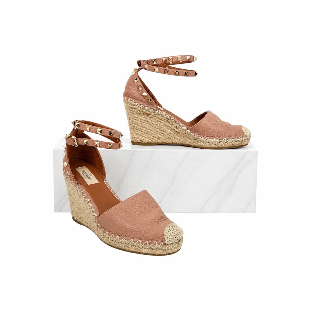 Valentino Garavani Rockstud Double Leather Wedge Espadrille Pink Size 39